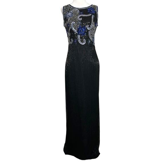 Scala Beaded Dress Sequin Embelished Floral Event Cocktail Black Medium - Picture 3 of 8
